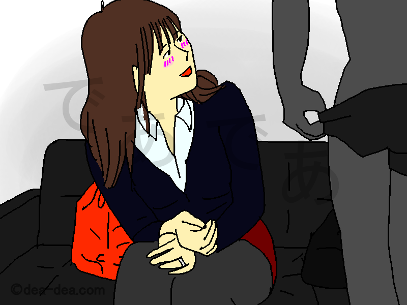 男性がパンツを脱ぐのをキラキラした目で見つめる人妻のイラスト